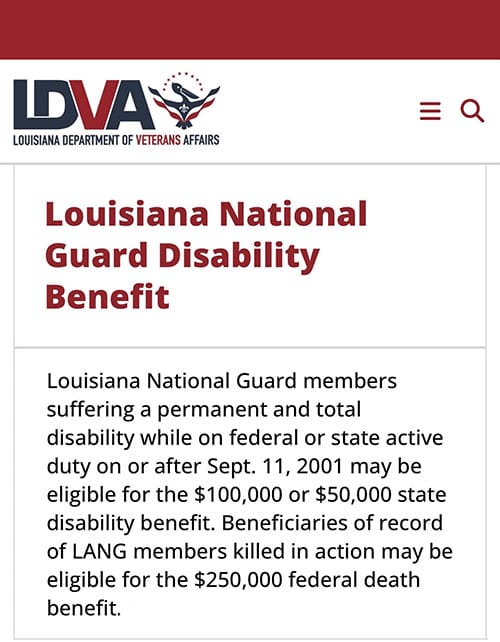 Louisiana National Guard Disability Benefit